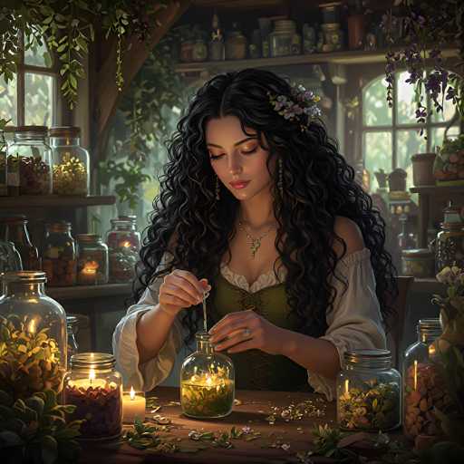 The image depicts a young woman with long, curly black hair adorned with a flower clip on the left side. She is seated at a wooden table, wearing a green corset with laces and a white blouse with puffy sleeves. Her head is tilted down as she carefully pours a liquid from a small glass bottle into a larger one, which contains yellow flowers. The table is cluttered with various items, including lit candles, glass jars filled with flowers and leaves, and a couple of small vases. Behind her, shelves are lined with more glass jars, some containing flowers and others filled with rocks or pebbles. The background features a window with green leaves hanging from the top, adding to the natural ambiance of the scene.