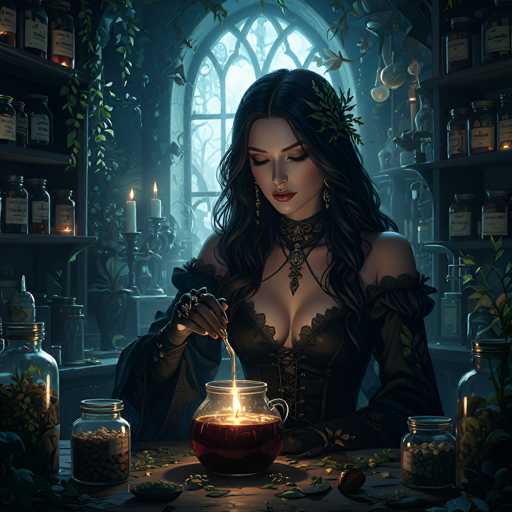 In this detailed fantasy illustration, a woman with long, dark hair adorned with a leafy headband sits in a dimly lit apothecary's workshop. She wears a black, lacy dress with off-the-shoulder sleeves and a deep neckline, complemented by a choker necklace. Her eyes are closed as she looks down at a glowing jar on the table before her, which contains a red liquid that emits a warm light. She holds a spoon in her right hand, seemingly stirring the magical potion. Surrounding her on the table are various glass jars filled with herbs, seeds, and other ingredients, some of which are also placed on shelves in the background. The room is filled with an array of apothecary tools and plants, creating a mystical atmosphere. A large arched window behind her reveals a foggy, tree-filled landscape, adding to the enchanting and mysterious ambiance of the scene.
