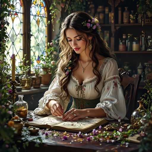 A woman with long brown hair is seated at a table covered in flowers and plants, wearing a white dress adorned with purple flowers. She holds a book open in front of her, suggesting she may be reading or studying the contents. The room features a window with stained glass that allows natural light to illuminate the space, creating an atmosphere of tranquility and beauty.