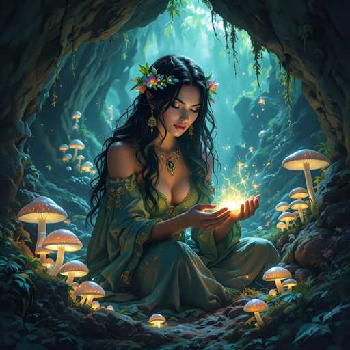 A woman with long dark hair is sitting on a rock surrounded by mushrooms and plants in a forest setting. She is wearing a green dress adorned with flowers and holding a glowing object in her hands.