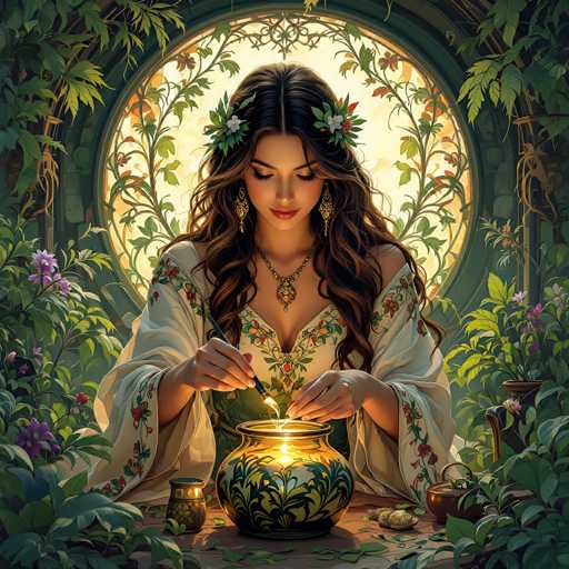 The image depicts a highly detailed, AI-generated painting of a young woman with long, wavy brown hair adorned with white and red flowers. She is seated at a table, wearing a white gown with floral patterns on the sleeves and chest. Her attire includes a gold necklace with a pendant, and she has red lipstick and dangling earrings. The woman is focused on painting a golden pot with intricate designs of green leaves and red flowers. Her right hand holds a paintbrush, while her left hand steadies the pot. The table in front of her is cluttered with various small objects, including a golden jar and a couple of cups. Surrounding her are lush green plants and purple flowers, adding to the vibrant, natural setting. Behind her, a large circular window with a green frame and floral designs allows light to filter through, illuminating the scene. The overall composition is rich in detail, with a harmonious blend of colors and elements that create a captivating, almost surreal atmosphere.