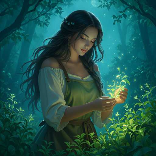 The image depicts a young woman with long, dark brown hair adorned with a small flower, standing in a mystical forest. She is wearing a green dress with a white shirt underneath, and her hair cascades down her back. The scene is set at night, illuminated by a full moon in the sky and a multitude of glowing fireflies that light up the surrounding greenery. The woman is holding a glowing plant in her hands, which she gazes at intently. The forest around her is filled with tall trees and lush foliage, creating an enchanting and serene atmosphere.