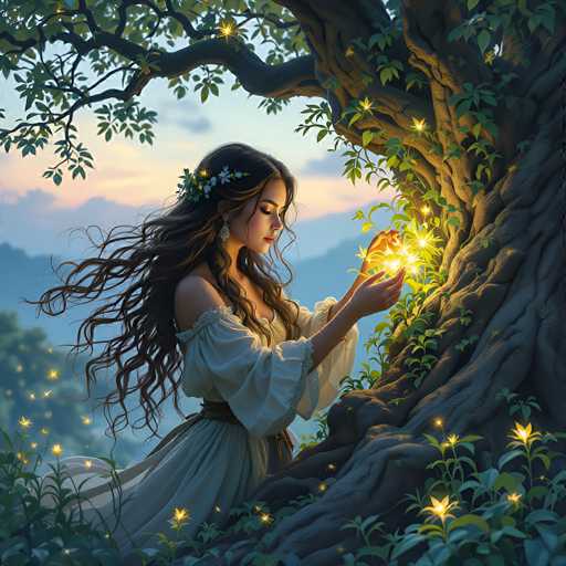 The image depicts a young woman with long, flowing brown hair adorned with flowers, dressed in a white, off-the-shoulder gown. She stands in a lush, fantastical forest, bathed in the soft light of either dawn or dusk. The scene is filled with magical elements, including glowing flowers and floating stars that illuminate her path. She is positioned beneath a large, ancient tree with a thick trunk and sprawling branches, some of which extend over her head. The tree is covered in vines and leaves, adding to the enchanting atmosphere. The woman gazes intently at her hands, where she appears to be conjuring or interacting with the magical flora around her. The background reveals a serene landscape with distant mountains and a sky painted in hues of pink and blue, enhancing the dreamlike quality of the scene.