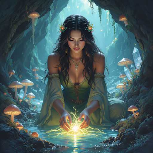 The image depicts a young woman with long, dark hair adorned with flowers, sitting in a mystical cave. She is wearing a green dress with a corset-like top and a low neckline, complemented by a necklace and dangling earrings. Her sleeves are off the shoulders, and she is kneeling in a pool of water. The woman's hands are outstretched, emitting a glowing, yellowish light that illuminates the cave. Surrounding her are numerous mushrooms and crystals, with moss-covered rocks and a crystal-like structure on the right side. The cave itself is dark, with light filtering in from the top, creating a magical atmosphere.