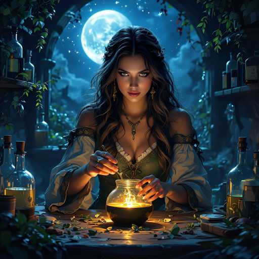 The image depicts a young woman with long, dark brown hair, styled in a braid, sitting at a wooden table. She is wearing a green dress with white sleeves that are puffy and extend to her elbows, and a white shirt underneath. Her dress features a low neckline with a lacing detail. She has a necklace with a pendant hanging from it. The woman is holding a glass jar with a metal handle, which contains a glowing yellow substance, possibly fire or magic. Her right hand is holding the handle, while her left hand is near the top of the jar. The scene is set at night, illuminated by a large, full moon visible through an arched window behind her. The background is dark blue, and the table is surrounded by various bottles, possibly containing alcohol, and some scattered leaves. The overall atmosphere is magical and enchanting, with the moonlight casting a soft glow over the entire setting.
