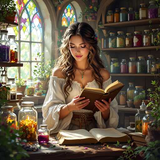 The image depicts a young woman with long, wavy brown hair adorned with a flower clip on the right side. She is dressed in a white, off-the-shoulder blouse with puffy sleeves that reach her elbows, and she wears a necklace with blue and yellow gems. The woman is seated at a wooden table, engrossed in reading a brown book with white pages. In front of her lies another open book, and the table is scattered with various glass jars containing different colored substances—purple, yellow, orange, and green. Surrounding her are shelves filled with more glass jars, some containing plants, and a window with stained glass in shades of yellow, pink, and purple. The scene is set in a well-lit room, with sunlight streaming through the window, illuminating the woman and her workspace.