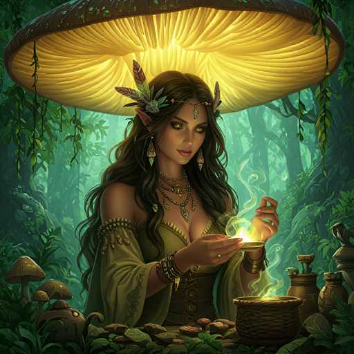 The image depicts a highly detailed, computer-generated scene of a young, beautiful elf-like woman standing in a lush, green forest. She has long, dark brown hair adorned with a headband featuring feathers and flowers, and her pointed ears and yellow eyes emphasize her elven nature. She is dressed in a green, off-the-shoulder dress with intricate gold and silver jewelry, including necklaces, bracelets, and earrings. The woman is holding a glowing, golden cup in her right hand, from which smoke or light emanates, and she appears to be casting a spell. In front of her, there is a wicker basket filled with various items, including a teapot and other containers. Above her head, a large, glowing mushroom with a brown cap and yellow gills illuminates the scene, adding to the mystical atmosphere. The background is filled with dense greenery, including trees, vines, and mushrooms, enhancing the enchanting forest setting.