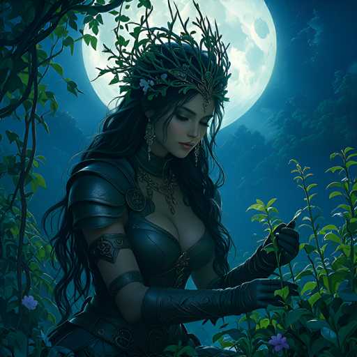 The image is a detailed, computer-generated illustration of a woman in a fantasy setting. She is depicted from the waist up, wearing a dark green, form-fitting leather outfit that includes a chest plate, shoulder plates, and gloves. Her attire is accentuated with a leather belt around her waist and a leather strap around her upper arm. She has long, dark hair adorned with a crown made of leaves and flowers, and she wears large, dangling earrings. Her eyes are closed, and she is looking down at a plant with purple flowers that she is holding in her hands. The background features a large, full moon partially obscured by trees and branches, casting a blue light over the scene. The setting is a dark, nighttime forest with a dense array of trees and foliage, creating a mystical atmosphere.