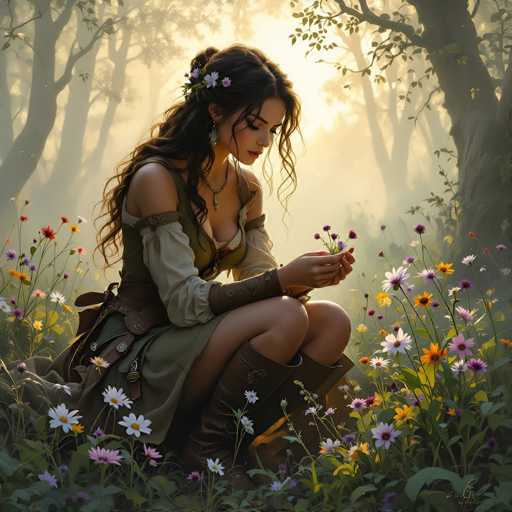 In this AI-generated fantasy image, a woman with long, dark brown hair adorned with flowers sits gracefully in a lush forest. Her hair is styled in a half-up, half-down manner, with some strands cascading over her shoulders. She wears a green dress with a low neckline, revealing a hint of cleavage, and a leather belt around her waist. Her attire includes a leather strap on her upper arm and a leather glove on her wrist, adding to her mystical appearance. She is seated on her knees, surrounded by a vibrant array of flowers in shades of purple, white, yellow, and orange. The background features a dense forest with tall trees, through which sunlight filters, casting a warm glow over the scene. The woman's gaze is directed downward, focusing on the flowers in her hands, enhancing the serene and enchanting atmosphere of the image.