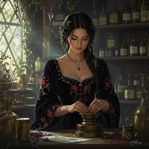 The image depicts a young woman, possibly in her 20s or 30s, with long, dark brown hair styled in a braid that drapes over her left shoulder. She is seated at a wooden table, deeply focused on crafting something with her hands. Dressed in a dark purple velvet gown adorned with pink flowers and green leaves, she wears a black necklace with a green pendant and a bracelet on her right wrist. Her hands are engaged with a brass-colored object, possibly a mortar and pestle, surrounded by scattered flower petals and leaves. The background features a shelf filled with various glass bottles, likely containing different types of alcohol, and a window with green vines growing up its sides. The scene is rich with details, including a gold-colored jar and a white piece of paper on the table, suggesting a meticulous and possibly alchemical or apothecary activity.