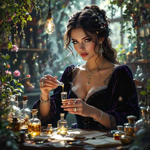 This captivating image portrays a young woman with an air of elegance and mystery. She is adorned in a sumptuous purple velvet dress, intricately laced up to her chest, revealing a hint of her cleavage. The dress features delicate white lace detailing around the neckline, adding a touch of sophistication. Her ensemble is complemented by a silver corset that cinches her waist, accentuating her figure.

Her long, dark brown hair is styled into an elegant updo, with soft waves cascading down her shoulders. She wears a silver hair clip embellished with white and red accents, adding a pop of color. Her makeup is striking, with dark eyeliner and mascara that accentuate her eyes, and a touch of pink lipstick that adds a subtle warmth to her complexion.

She is accessorized with multiple pieces of jewelry, including silver bracelets on both wrists, a silver necklace adorned with a pendant, and several rings on her fingers. Her earrings are long, dangling silver pieces that catch the light.

In her hands, she holds a small glass bottle, carefully pouring a liquid into another glass container. The scene is set on a table cluttered with various glass bottles, some containing a yellowish liquid, adding to the image's rich and detailed ambiance.

The background is softly blurred, featuring hints of greenery and what appears to be a window, suggesting an indoor setting. The overall composition is rich in detail, with a harmonious blend of colors and textures that draw the viewer into the mysterious world of this enchanting woman.