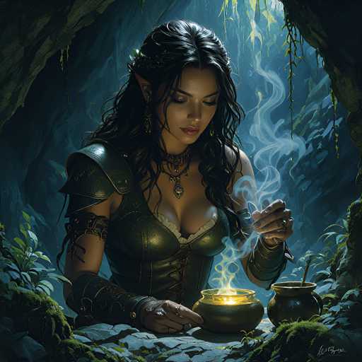 The image depicts a detailed, computer-generated scene of a young woman with long, dark hair and pointed ears, suggesting she is an elf. She is seated in a cave-like setting, surrounded by rocky terrain and greenery. The woman is wearing a green leather corset with lacing and a matching shoulder pad, along with leather wrist guards. She has a choker necklace with a pendant and a longer necklace with a larger pendant. Her expression is focused as she looks down at a glowing golden pot in front of her, from which smoke is rising. In her other hand, she holds a stick, possibly used to stir the pot. To her right, there is another pot with a spoon in it. The background features a mix of dark and light blue hues, with sunlight filtering through the trees, creating a mystical atmosphere. The overall scene is rich in detail, emphasizing the fantasy element of the elf-like woman engaged in what appears to be a magical or cooking ritual.