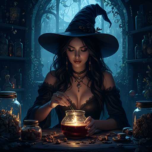 The image depicts a detailed, computer-generated illustration of a witch engrossed in her craft. She is seated at a wooden table, surrounded by an array of glass jars filled with various items, including seeds and nuts. The witch, with long, dark brown hair cascading over her shoulders, is adorned in a black, lacy dress and a wide-brimmed, pointed witch's hat. She wears multiple necklaces, including a choker and a long necklace with a pendant, and her lips are painted a striking red. Her eyes are closed as she carefully stirs a glowing, red potion in a jar with a spoon held in her right hand. The background reveals a dark, misty forest with tall trees, adding to the mystical atmosphere of the scene.