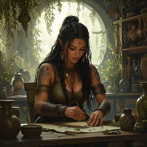 The image depicts a highly detailed, computer-generated fantasy scene featuring a female elf with long, dark hair styled in a bun with loose strands framing her face. She has pointed ears, a distinct arrow tattoo on her forehead, and large, dangling gold earrings. Her attire includes a green tank top, leather armbands, and a leather glove on her right hand. She also sports a necklace with gold and black elements. The elf is seated at a wooden desk, deeply focused on writing or drawing with a quill pen on a piece of parchment. The desk is adorned with various items, including vases, bowls, and scattered leaves. The background reveals a lush, forest-like setting with sunlight filtering through the trees, creating a serene and mystical atmosphere.