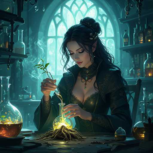 The image depicts a young woman with long, dark hair styled in a bun, adorned with a butterfly clip. She has pointed ears, suggesting she might be an elf or a vampire. She is dressed in a gothic-style outfit, featuring a black corset with gold trim and a high-necked choker necklace with a gem pendant. The woman is seated at a table in a dimly lit laboratory, filled with various scientific instruments and bottles of different liquids. She is pouring a yellow liquid from a long-necked beaker into a glowing, root-filled jar on the table. The jar emits a yellow light, and the roots inside it appear to be growing. Behind her, a large arched window with intricate designs allows light to filter into the room, illuminating the scene. The overall atmosphere is dark and mysterious, with a teal hue adding to the gothic ambiance.