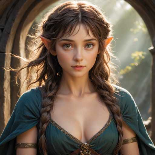 This image features a highly detailed, computer-generated depiction of a young female elf, likely from a fantasy setting. The elf has long, wavy brown hair styled into two braids that frame her face, with the rest of her hair flowing freely. Her pointed ears are a distinctive feature, emphasizing her elven nature. She has striking green eyes and a fair complexion. The elf is dressed in a low-cut green dress adorned with gold trim, and she wears a matching green cape. Gold armbands accentuate her biceps, adding to her regal appearance. The background suggests she is standing in a forest, with sunlight filtering through the trees, casting a warm glow on her face. The image captures her from the chest up, highlighting her elegant and mystical presence.