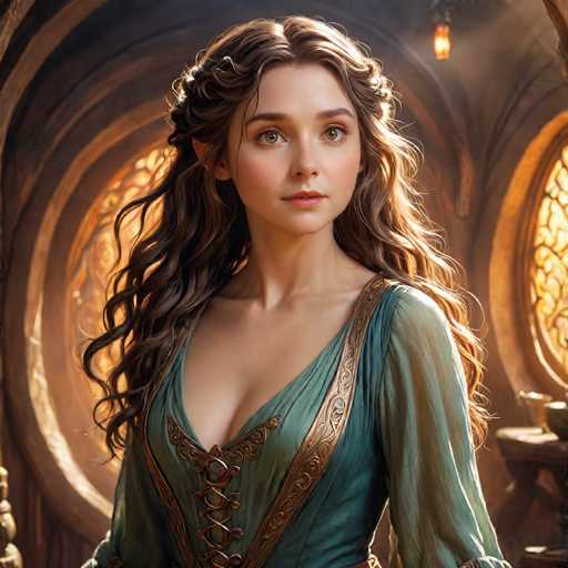 The image depicts a young woman, possibly in her late teens or early twenties, with long, wavy brown hair that cascades down to her waist. She has striking green eyes and a fair complexion, with a hint of blush on her cheeks. Her attire is a green dress adorned with gold trim and lacing that runs up to her chest, giving it a corset-like appearance. The dress features long sleeves and a V-neckline. She is standing in a room with a medieval or fantasy-like ambiance, characterized by large, circular stained glass windows that allow light to filter through, casting a warm glow on her face. The room has wooden walls and a hanging lantern, adding to the rustic atmosphere. The woman is looking slightly to the right, her expression serene and contemplative.