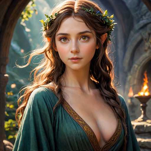 The image depicts a highly detailed, computer-generated or AI-generated fantasy character, likely from a video game or animated series. The character is a young woman with long, wavy brown hair adorned with a crown of green leaves and flowers. She has striking green eyes and pointed ears, suggesting she might be an elf. Her attire is a low-cut, emerald green dress with intricate gold trim, which reveals some cleavage. The background features a grand stone archway with a large fire pit to the right, emitting flames. The scene is set in a lush, forested area, with sunlight filtering through the trees, adding to the ethereal and magical atmosphere.