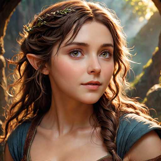 A portrait of a beautiful elven woman with long, flowing brown hair adorned with a delicate green leaf crown. Her eyes are large and expressive, with a warm, gentle gaze directed towards the viewer. She has fair skin, rosy cheeks, and full lips. Her hair is styled in loose waves and braids, with some strands framing her face. She wears a simple green tunic and a brown leather strap across her shoulder. The background is softly blurred, suggesting a mystical forest setting with dappled sunlight filtering through the trees. The overall lighting is warm and ethereal, creating a serene and enchanting atmosphere.
