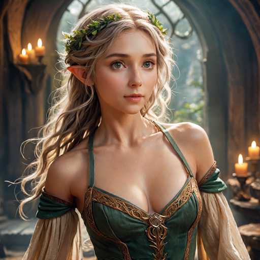The image depicts a highly detailed, computer-generated or AI-generated fantasy scene featuring a young female elf. She has long, wavy blonde hair adorned with a crown of green leaves, and her pointed ears are visible, emphasizing her elven nature. Her striking green eyes and pink lips add to her ethereal beauty. She is dressed in a green, low-cut top with intricate gold trim and lacing, which reveals a hint of cleavage. The top has thin straps over her shoulders and sleeves that extend from her elbows to her wrists. The background suggests she is inside a grand, medieval-style castle, with large arched windows and stone walls. Candles on a stone table behind her cast a warm glow, enhancing the mystical atmosphere of the scene.