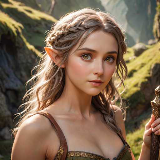 The image depicts a highly detailed, computer-generated or AI-generated fantasy elf girl set against a lush, green mountainous backdrop. The elf has long, wavy blonde hair with a prominent braid that drapes over her right shoulder. Her pointed, elven ears are visible, adding to her mystical appearance. She has striking green eyes and a light complexion, with a touch of blush on her cheeks. The elf is dressed in a green top with intricate gold trim and a leather strap over her right shoulder, suggesting she might be carrying a bag. In her left hand, she holds a golden and brown sword, with her fingers wrapped around the hilt. The scene is bathed in sunlight, highlighting the elf's features and the vibrant greenery of the surrounding landscape.