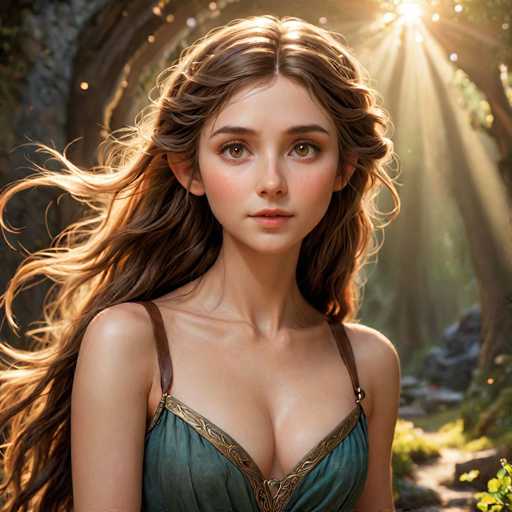 This image is a detailed, computer-generated illustration of a young woman, likely in her early 20s, with long, flowing brown hair that cascades down her back. She has striking brown eyes and a fair complexion, accentuated by a subtle application of makeup. Her attire consists of a green dress adorned with intricate gold trim around the neckline, which is low-cut, revealing a hint of cleavage. The dress features brown leather straps over her shoulders. She stands in a serene, forested area, with sunlight streaming through the trees and illuminating her hair and the surrounding greenery. The background is slightly blurred, emphasizing the lush, natural setting and the woman's serene expression as she gazes directly at the viewer.