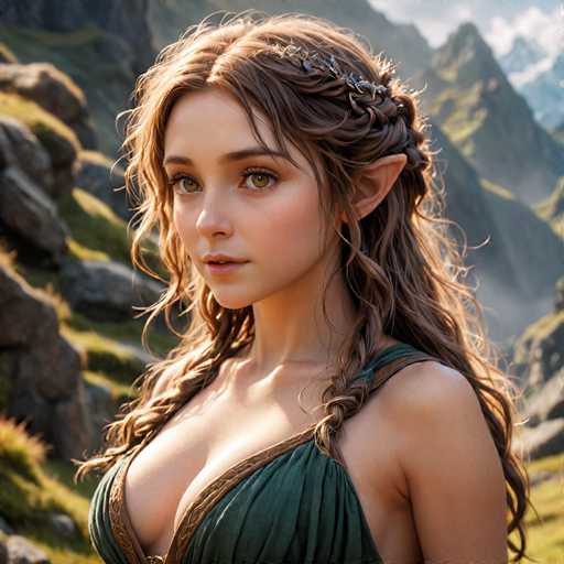 The image depicts a highly detailed, computer-generated or AI-generated fantasy character of a young woman with pointed ears, suggesting she is an elf. She has long, wavy brown hair adorned with a silver headband, and her striking green eyes are accentuated by her full lips. She is dressed in a green dress with brown trim, which features a single strap over her shoulder. The background showcases a rugged, rocky landscape with green grass and distant mountains, adding to the ethereal and magical atmosphere of the scene.