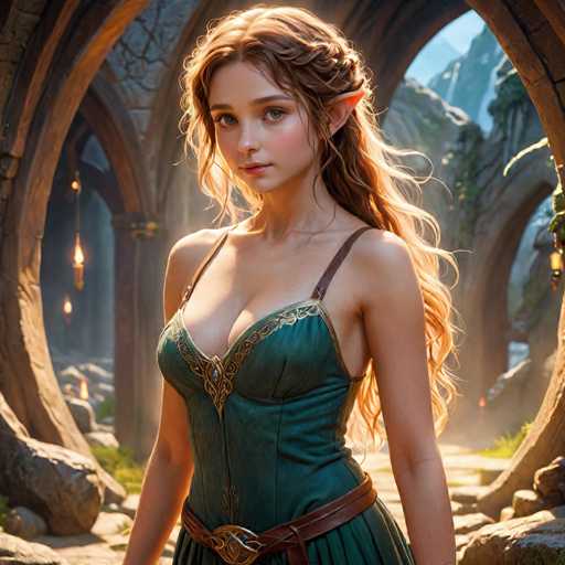 This image depicts a highly detailed, computer-generated or AI-generated fantasy character, likely from a video game or animated series. The character is a young woman with long, wavy brown hair that cascades down her back, partially braided on the side. She has striking green eyes and pointed ears, suggesting she is an elf. She is dressed in a green corset-style top with intricate gold trim and a brown leather belt with a gold buckle. The background features a grand, ancient stone structure with large archways, some adorned with hanging lanterns. The scene is illuminated by sunlight streaming through the archways, casting a warm glow on the character and highlighting the texture of her hair. The overall atmosphere is one of timeless elegance and fantasy adventure.