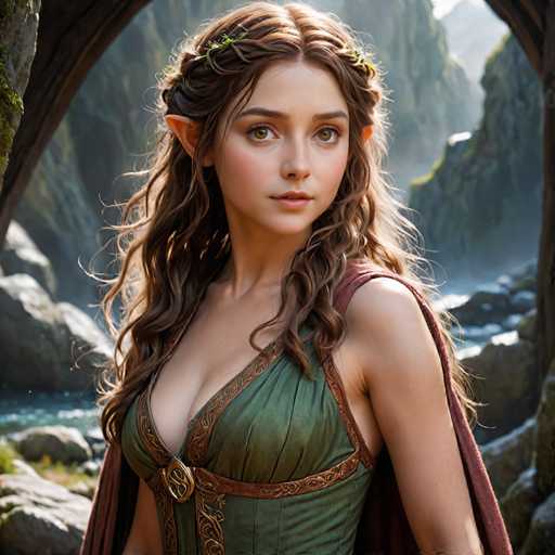 The image depicts a young woman with pointed ears, reminiscent of an elf, standing in a picturesque valley. She has long, wavy brown hair adorned with a crown of green leaves and flowers. Her attire includes a green dress with intricate gold trim and a gold clasp at the chest, complemented by a red cape draped over her shoulders. The woman has striking green eyes and a serene expression as she gazes slightly to the right. The background features a river flowing through the valley, surrounded by tall, rocky cliffs with patches of moss. The scene is bathed in sunlight, adding a magical and ethereal quality to the image.