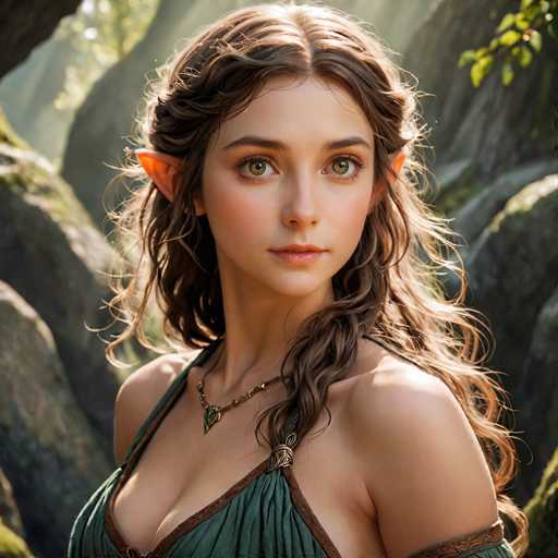 This image features a highly detailed, computer-generated depiction of a young female elf, likely in her early 20s. She has long, wavy brown hair that cascades down her back, with a section elegantly draped over her left shoulder. Her striking green eyes are framed by thick eyebrows, and her pointed ears— characteristic of elves—add a fantastical element to her appearance. Her complexion is fair, and she wears a subtle touch of pink lipstick. 

Her attire includes a green dress with a single strap over her left shoulder, leaving her right shoulder bare. The dress is accented with brown trim, and she wears a gold necklace featuring a green pendant. The background is a blurred, rocky landscape with hints of greenery, suggesting a forest setting. Sunlight filters through the scene, casting a gentle glow on her hair and the surrounding rocks, enhancing the ethereal quality of the image.