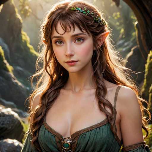 This image depicts a highly detailed, computer-generated or AI-generated fantasy character, reminiscent of an elf from a video game like World of Warcraft. The character is a young woman with long, wavy brown hair adorned with a leafy crown. She has striking green eyes and pointed ears, enhancing her elven appearance. Her attire consists of a green dress with brown trim and a low-cut neckline, complemented by a brown leather corset. The dress features a clasp at the top, adding to its intricate design. She stands in a lush, forested area with rocky terrain and moss-covered boulders in the background, bathed in sunlight that highlights her features. The overall scene exudes a mystical and enchanting atmosphere, with the character gazing directly at the viewer.