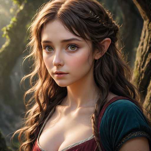 This image features a young woman with long, wavy brown hair that cascades down to her chest. She has striking green eyes and a pointed ear, giving her a slightly otherworldly appearance. Her lips are painted a soft pink, and she wears a delicate headband adorned with small flowers. She is dressed in a red dress with a white trim and a blue shoulder strap, which adds a touch of elegance to her ensemble. The background is a blurred forest, with sunlight filtering through the trees, casting a warm glow on her face. The overall scene exudes a sense of mystery and enchantment, reminiscent of a character from a fantasy or fairy tale.