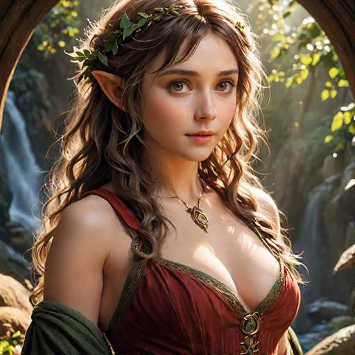 This image depicts a highly detailed, computer-generated or AI-generated fantasy character, likely inspired by the Lord of the Rings or The Hobbit series. The character is a young female elf with long, wavy brown hair adorned with a leafy crown. She has distinct pointed ears, a fair complexion, and striking green eyes. Her attire includes a low-cut, red dress with green trim and gold accents, complemented by a green shawl draped over her shoulders. A necklace with a teardrop-shaped pendant featuring an orange center adorns her neck. The background showcases a lush, forested area with sunlight filtering through the trees, creating a serene and magical atmosphere.