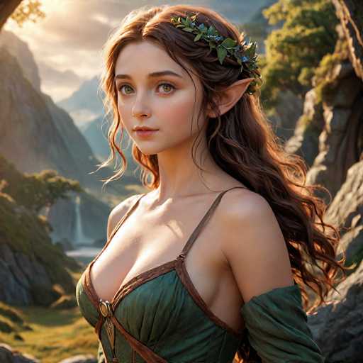 This image portrays a highly detailed, computer-generated fantasy elf girl set against a lush, mountainous backdrop. The elf has long, wavy brown hair adorned with a floral crown made of green leaves and blue flowers. Her pointed ears and striking green eyes add to her ethereal appearance. She is dressed in a green dress with brown leather trim, featuring thin straps over her shoulders and a corset-like front that laces up with a gold clasp. The dress has a low neckline, revealing a hint of cleavage. The background showcases a serene landscape with green grass, trees, and a cascading waterfall, all illuminated by sunlight that enhances the natural beauty of the scene. The elf girl stands with her body facing left, her head turned towards the viewer, creating a captivating and mystical atmosphere.