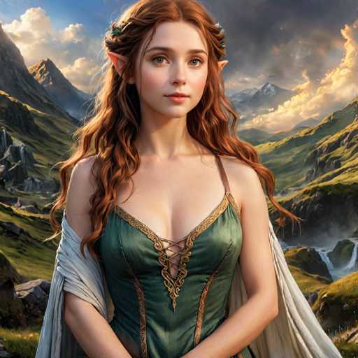 The image depicts a highly detailed, computer-generated fantasy scene featuring a young, white female elf with long, wavy red hair. She has pointed ears, brown eyes, and a small nose. Her attire includes a green dress with gold trim and lacing, and a white shawl draped over her shoulders. The elf stands in a lush, green valley with a river flowing behind her, surrounded by rocky mountains and a cloudy sky. The scene is rich in color, with shades of blue, white, gray, green, gold, and red, and the lighting suggests it is either sunrise or sunset. The elf gazes directly at the viewer, creating a sense of connection with her striking, expressive eyes.