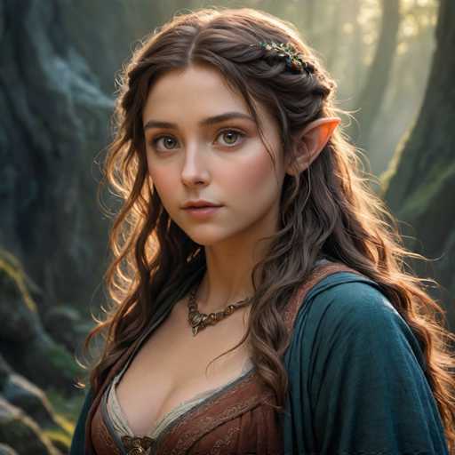 The image depicts a young woman with pointed ears, reminiscent of an elf, standing in a sunlit forest. She has long, wavy brown hair adorned with a floral clip on the left side, and her light brown eyes are accentuated by her pointed, elven-like ears. She is dressed in a medieval-style outfit, featuring a low-cut brown dress with a blue shawl draped over her shoulders. A gold necklace with a triangular pendant rests around her neck. The background is a blurred, sunlit forest with large tree trunks and green moss, creating a serene and mystical atmosphere. The woman is facing the camera, her expression serene and contemplative, with sunlight highlighting her features.