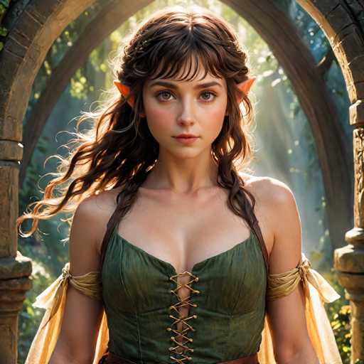 This image features a highly detailed, computer-generated depiction of a female elf, reminiscent of characters from the Lord of the Rings or The Hobbit. She has long, wavy brown hair styled in a braid that drapes over her left shoulder, with bangs framing her face. Her pointed ears, a defining feature of her elfin nature, are visible and add to her mystical appearance. She has striking green eyes and a light complexion, with a touch of blush on her cheeks.

The elf is dressed in a green corset-like top, laced up the front with brown strings, and adorned with a yellow ribbon tied around her biceps. Her attire is complemented by a brown leather strap over her shoulders, suggesting she might be carrying a bag. The background is a lush, sunlit forest, with sunlight filtering through the trees, creating a serene and enchanting atmosphere. She stands in front of a stone archway, adding to the fantasy setting. The overall image is bright and clear, with no text or numbers present, allowing the viewer to fully appreciate the intricate details of the elf and her surroundings.