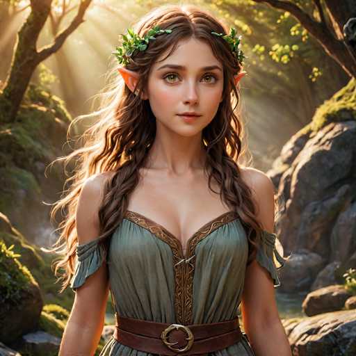 The image depicts a highly detailed, computer-generated or AI-generated fantasy character, likely inspired by the Lord of the Rings or The Hobbit. The character is a young female elf with long, wavy brown hair adorned with a leafy crown. She has pointed ears, light green eyes, and a small nose. Her attire includes a green dress with a brown trim and a leather belt featuring a crescent moon buckle. The background is a lush, sunlit forest with rocky terrain, moss, and trees, creating a serene and magical atmosphere. The elf is gazing slightly to the right, adding a sense of contemplation to her expression.