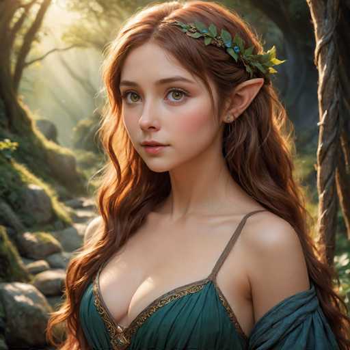 This image depicts a highly detailed, computer-generated or AI-generated fantasy character of a young woman with distinct elven features. She has long, wavy reddish-brown hair adorned with a leafy crown or headband, and her pointed elven ears are prominently visible. Her striking green eyes and full lips add to her ethereal appearance. She is dressed in a green, low-cut dress with a gold trim, and her left shoulder is bare, with the dress sleeve pulled down to her elbow. The background features a serene forest scene with sunlight filtering through the trees, casting a warm glow on the moss-covered rocks and grassy hills. A large tree trunk stands to her right, enhancing the natural, mystical ambiance of the setting.