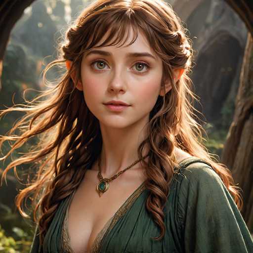 The image depicts a highly detailed, computer-generated or AI-generated fantasy character of a young woman with distinct elven features. She has long, wavy brown hair with bangs, and her pointed ears are a clear indicator of her elven nature. Her light green eyes and pink lips add to her ethereal appearance. She is adorned in a green dress with a gold trim, and a necklace featuring a green gemstone pendant. The background is a blurred forest scene, with sunlight filtering through the trees, creating a serene and mystical atmosphere. The overall composition suggests she is a character from a fantasy movie or video game, possibly resembling figures from the Lord of the Rings or Harry Potter series.