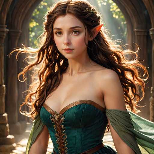 This image depicts a highly detailed, computer-generated or AI-generated fantasy character of a young female elf. She has long, wavy brown hair that cascades down to her waist, with a few strands elegantly framing her face. Her pointed ears are a distinctive feature, emphasizing her elven nature. She is dressed in a green corset with gold trim and lacing, which is low-cut, revealing her shoulders and chest. A green shawl drapes over her arms, adding to her regal appearance. The character stands in a grand, stone archway, with sunlight streaming through the opening, illuminating her face and hair. The background is slightly blurred, drawing focus to her detailed and lifelike features. Her expression is neutral, and she gazes directly at the viewer, creating a captivating and mysterious aura.