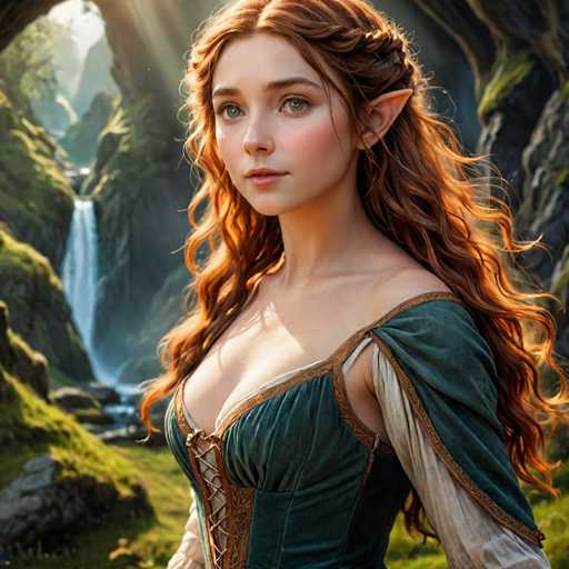 The image depicts a highly detailed, computer-generated scene of a young woman with pointed ears, reminiscent of an elf or fairy. She has long, wavy red hair that cascades down her back, with a braid interwoven at the top. Her striking green eyes and light pink lips add to her ethereal appearance. She is dressed in a green corset with brown lacing and a white, off-the-shoulder blouse underneath. The corset is laced up the front, and her left shoulder is bare, while her right shoulder is covered by the dress. The background features a lush, green forest with a waterfall cascading down a rocky cliff, and sunlight filters through the trees, illuminating the scene. The woman stands in the foreground, gazing slightly to the left, with a serene and contemplative expression.