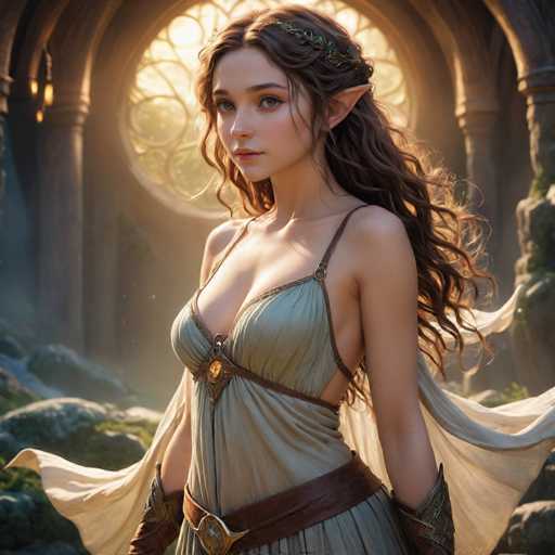 The image depicts a highly detailed, computer-generated or AI-generated fantasy elf girl standing in a majestic castle-like setting. She has long, wavy brown hair adorned with a crown of green leaves and flowers, and her pointed ears are visible. Her attire includes a light green dress with thin straps, a brown belt with a gold buckle, and a flowing white cape. She also wears brown gloves that extend up to her elbows. The background features grand stone archways, a large circular stained glass window, and rocky terrain, all illuminated by sunlight streaming through the window. The elf girl is looking slightly to the left, with a serene expression, and her overall appearance is enhanced by the intricate details of her outfit and the grand architecture behind her.