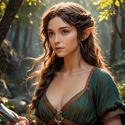 The image depicts a highly detailed, computer-generated or AI-generated fantasy character of a young woman with pointed ears, suggesting she is an elf. She has long, wavy brown hair that cascades over her right shoulder, with a braid interwoven through the top. Her light brown eyes are accentuated by light makeup, including pink lipstick. She is dressed in a green dress with a brown leather trim and a gold clasp at the center, which is low-cut, revealing some cleavage. The dress features a leather strap that wraps around her chest and waist. She holds a wooden object, possibly a sword or a book, in her right hand. The background is a blurred forest scene with sunlight filtering through the trees, creating a serene and mystical atmosphere.
