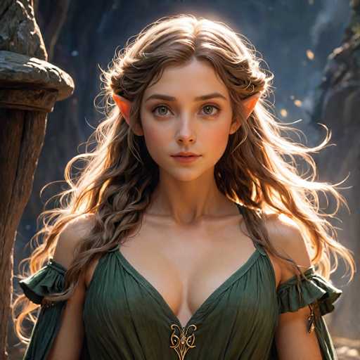 This image portrays a highly detailed, computer-generated or AI-generated fantasy character of a young woman with distinct elven features. She has long, wavy brown hair that cascades down to her chest, with some strands elegantly wrapped around her ears. Her pointed elven ears peek out from her hair, adding to her mystical appearance. She has striking green eyes and a fair complexion, with a hint of blush on her cheeks. She is dressed in a green, low-cut top that reveals some cleavage, and the garment features a gold clasp at the center. The top has off-the-shoulder sleeves that drape down to her elbows. The background is a dark, shadowy forest with sunlight filtering through the trees, casting a dramatic glow on her hair and face. To her left, there is a wooden structure, possibly part of a tree trunk or a building, adding to the enchanting woodland setting.
