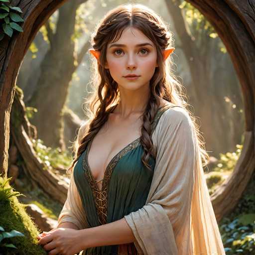 This image features a highly detailed, computer-generated depiction of a young woman with distinct elven characteristics. She has long, wavy brown hair styled in two braids that cascade over her shoulders. Her pointed elven ears are prominently visible, adding to her mythical appearance. She is dressed in a green dress adorned with intricate gold trim, which includes a low-cut neckline and a gold clasp at the front. Draped over her shoulders is a sheer white shawl that extends down to her elbows. The woman stands in a lush, sunlit forest, with a large tree trunk framing her from behind. Her gaze is directed slightly to the left, and her expression is neutral, neither smiling nor frowning. The overall scene exudes a serene and enchanting atmosphere, capturing the essence of an elven being in a natural setting.