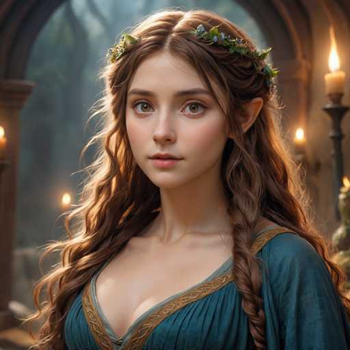 The image shows a young woman with long brown hair wearing a blue dress and a crown of flowers on her head. She is looking directly at the camera with an expression of concentration or contemplation. The background features a dark room with candles and a window that allows in some light, creating a moody atmosphere.