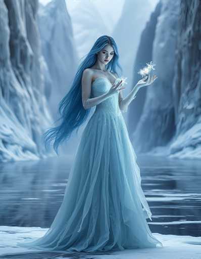 The image depicts a young woman with long, flowing blue hair cascading down to her waist. She is adorned in a stunning blue dress that features a sheer, lacy bottom and a corseted top. The dress is complemented by long gloves that extend from her elbows to her hands. The woman stands on a snowy surface, with a serene body of water behind her, framed by majestic snow-covered mountains. Snowflakes are gently falling around her, adding to the ethereal atmosphere. She gazes down at her hands, where two large, sparkling snowflakes rest, seemingly under her control. The scene is a harmonious blend of blue and white hues, creating a magical, winter wonderland setting.