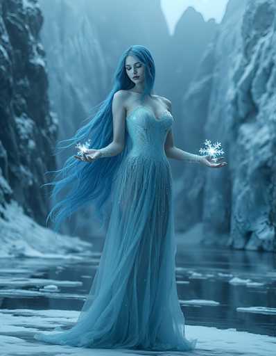 In this captivating image, a woman stands gracefully in a serene, icy landscape. She is adorned in a stunning, sleeveless gown that features a delicate, sheer skirt and a more opaque bodice. The dress is a mesmerizing blend of light blue and white, adorned with intricate snowflake patterns that shimmer like tiny diamonds. Her long, flowing hair, a striking shade of blue, cascades down her back, adding to the ethereal quality of her appearance.

The woman's pose is both elegant and serene. She stands with her arms outstretched, palms facing upwards, as if she is gently cradling the snowflakes that float around her. In her left hand, she holds a pristine white snowflake, while her right hand cradles a cluster of them, as if she is the guardian of winter's beauty.

The backdrop is a breathtaking winter wonderland. She stands on a snow-covered ground, with a partially frozen body of water behind her. The water's surface is dotted with chunks of ice, and majestic, snow-capped mountains rise on either side, creating a natural frame for the scene. The entire landscape is bathed in a soft, bluish-white light, enhancing the magical and tranquil atmosphere of the moment.