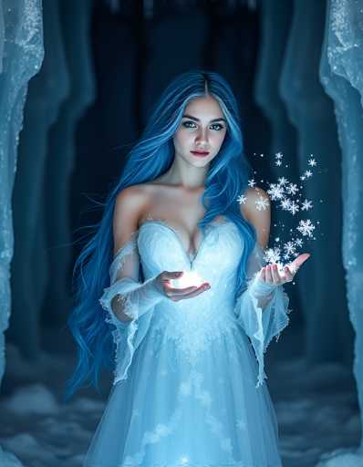 In this captivating image, a woman stands gracefully in a snowy landscape, her long, flowing blue hair cascading down to her waist. She is adorned in a stunning blue dress that complements her hair, with delicate lace sleeves that extend from her elbows to her wrists. The dress features a heart-shaped neckline that dips elegantly, revealing a glimpse of her cleavage. Her blue eyes and red lips add to her ethereal appearance, while her pale skin contrasts beautifully with her attire.

In her hands, she holds a glowing white orb that emits a soft light, surrounded by shimmering snowflakes that float upwards, creating a magical atmosphere. The background is a serene winter wonderland, with snow blanketing the ground and tall, majestic ice formations rising on either side of her. The ice columns are intricately detailed, with some snow clinging to their surfaces, enhancing the wintry setting. The overall scene is a harmonious blend of blue hues and snowy textures, evoking a sense of enchantment and tranquility.